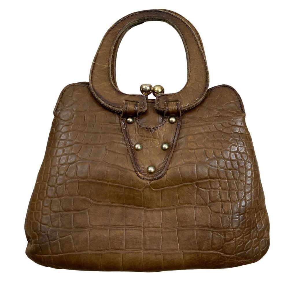 Vintage Genuine Brown Leather Kiss Lock‎ Closure Handbag